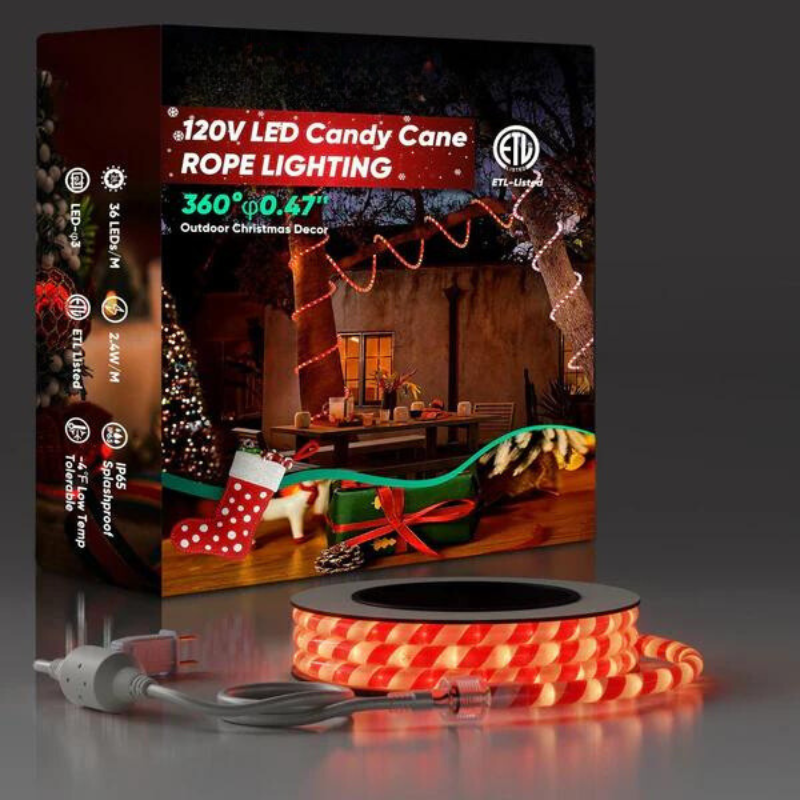110V Candy Cane Christmas Rope Light - 2800K Warm White - Lumens Depot
