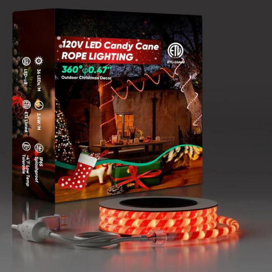 110-120V Candy Cane Rope Light(8mmx12mm) - 2800K Warm White, 360° Illumination, IP65, Cold-Resistant to -4℉, Connectable, Cuttable, Plug and play  ETL Listed - Lumens Depot