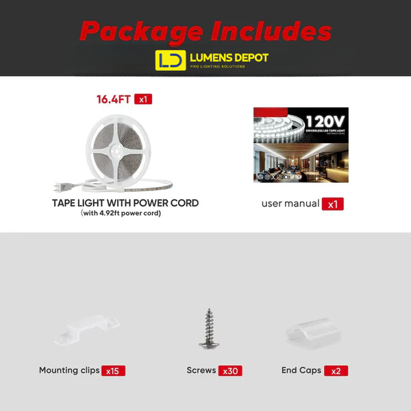 110V COB LED Strip Light with Adhesive Backing, Cool White 6000K - Lumens Depot