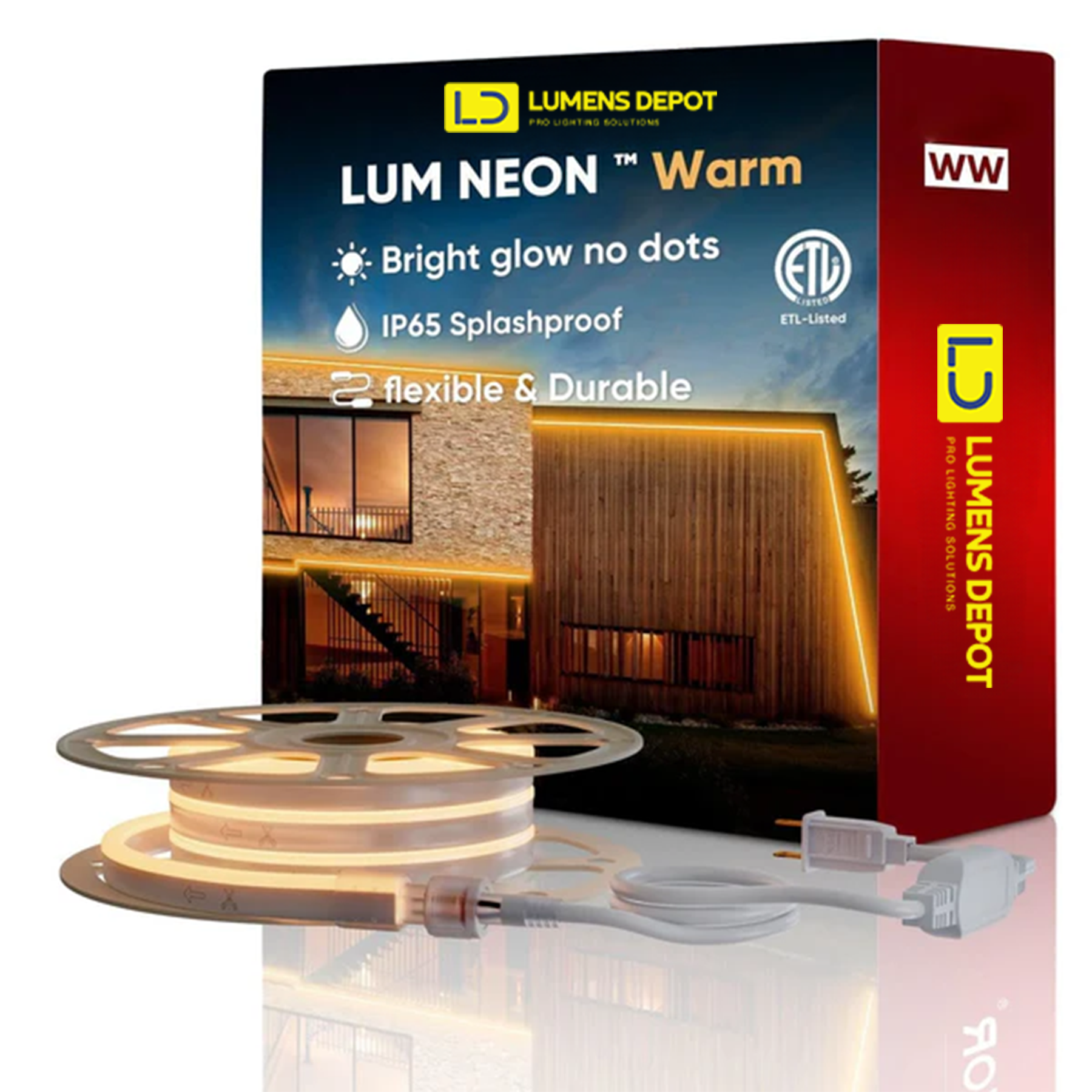 110-120V Warm White LED Neon Rope Light -2500K- 8mm x 16mm-6.5W/Meter and 226LM/W -Dimmable, Flexible, IP65 Waterproof, Cuttable for Home & Commercial Use - Lumens Depot