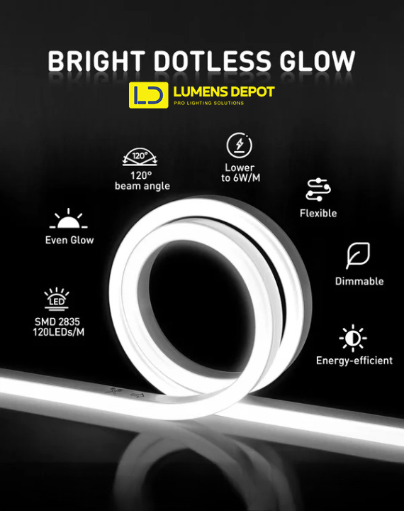 110V-120V Cool White (6000K) Neon LED Rope Light - 8mmX16mm,Commercial Grade, IP65, 189 LM/M -Cuttable, dimmable - Plug and Play and Hardwired - Lumens Depot