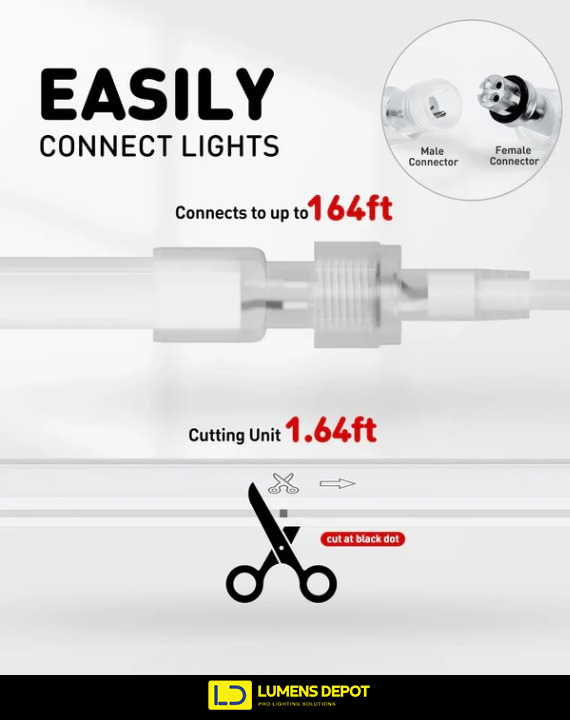 110V-120V Cool White (6000K) Neon LED Rope Light - 8mmX16mm,Commercial Grade, IP65, 189 LM/M -Cuttable, dimmable - Plug and Play and Hardwired - Lumens Depot
