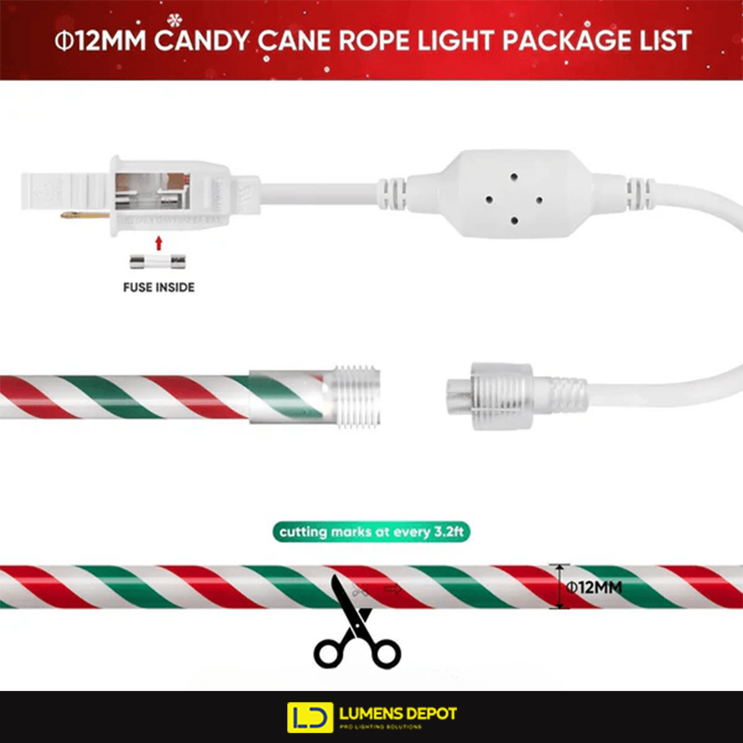 110V Candy Cane Christmas Rope Light White Red Green 11000K - Lumens Depot