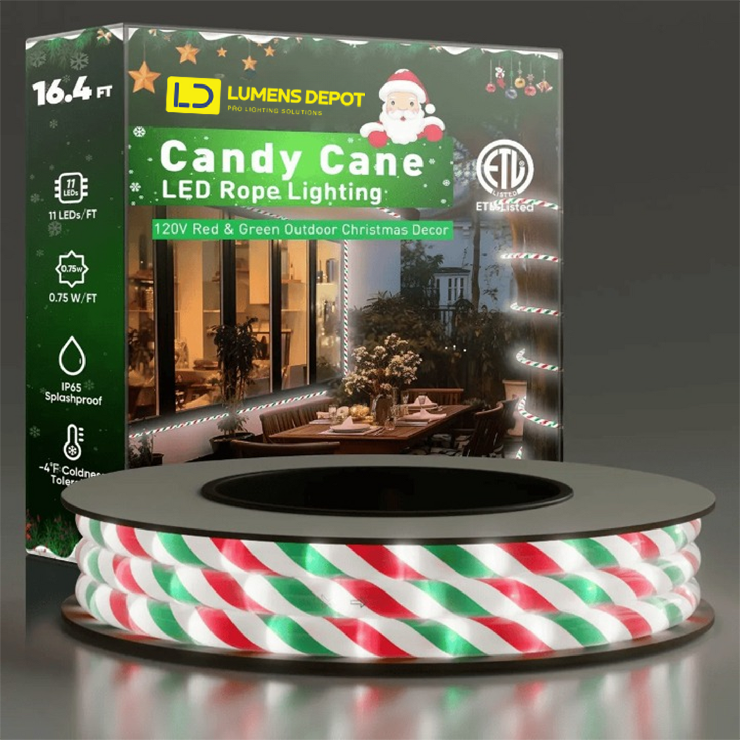 110V Candy Cane Christmas Rope Light White Red Green 11000K - Lumens Depot