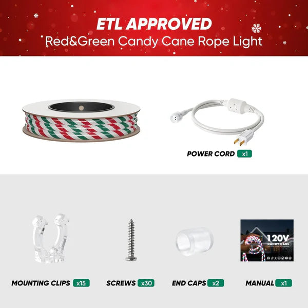 110V Candy Cane Christmas Rope Light White Red Green 11000K - Lumens Depot