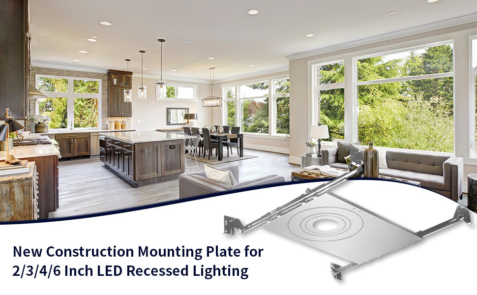 New Construction Mounting Plate for LED Recessed Lighting Kits, Adjustable Hanger Bars, Round Hole (2-3-4-6 Inch) Compatibility, Shallow Housing Support - Lumens Depot