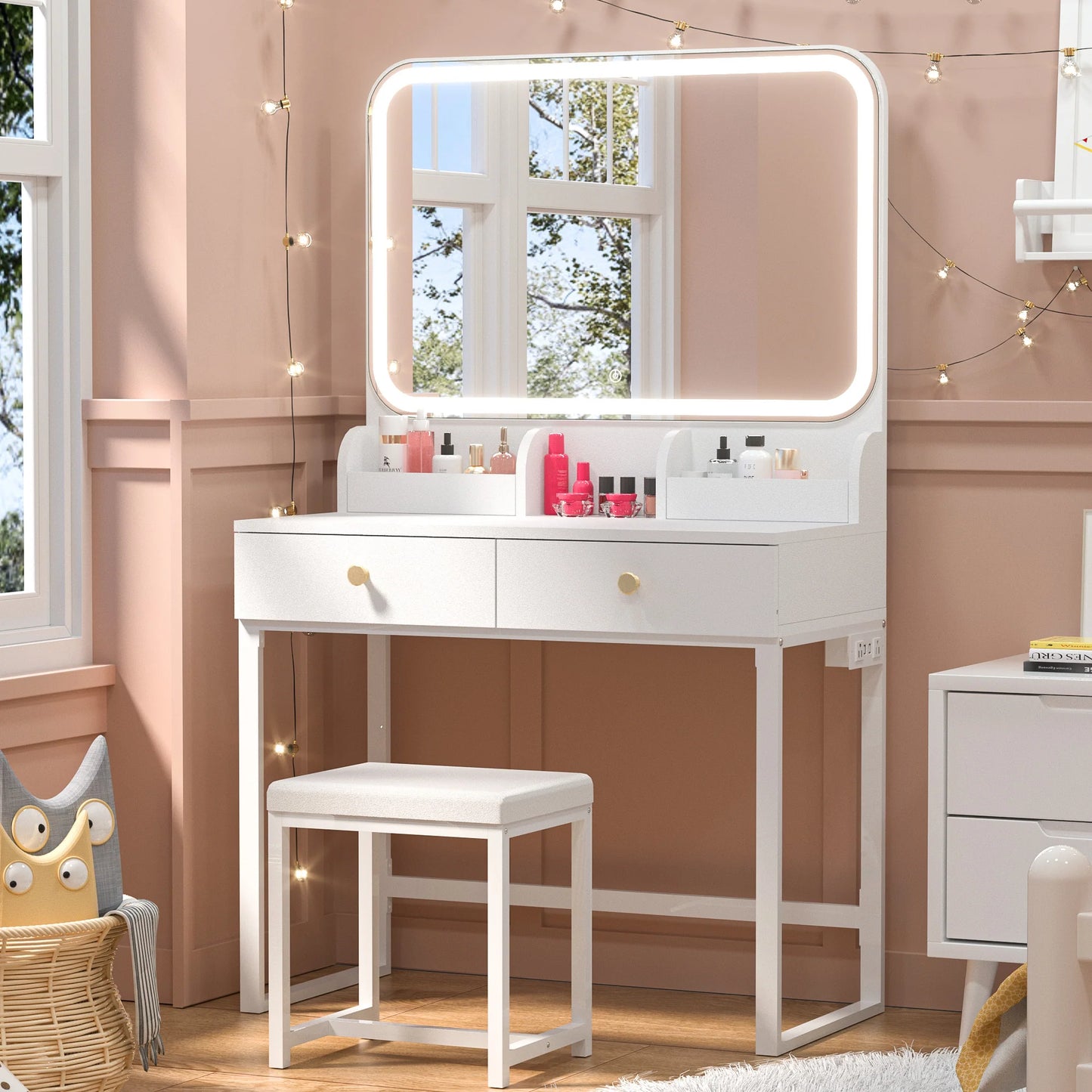 White Vanity Desk with Lighted Mirror and Chair – Makeup Vanity Set with 2 Drawers - Storage Shelves - USB Ports & Outlets – Compact Design for Small Spaces - Lumens Depot
