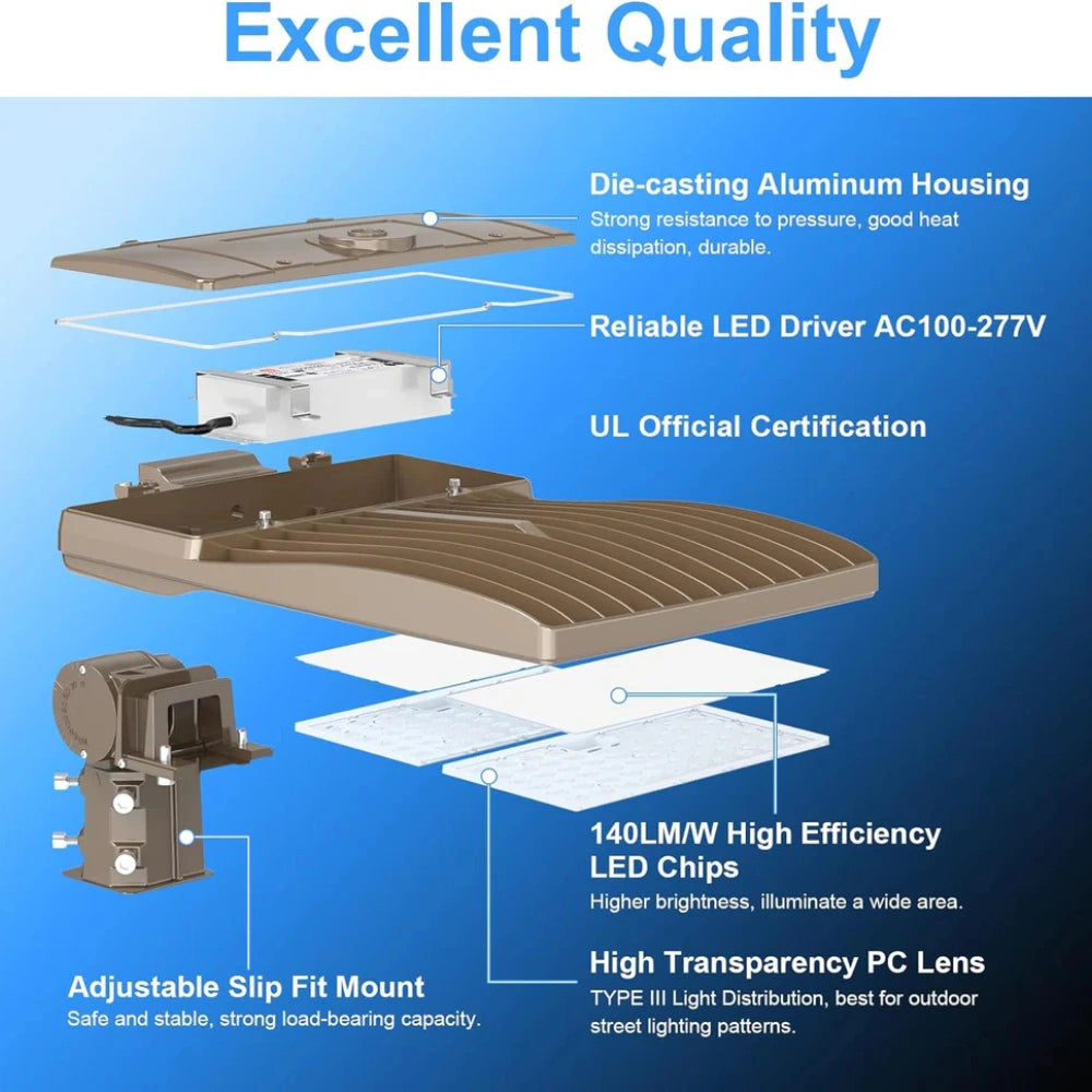 320W LED Parking Lot Light, 48,000 Lumens, 5000K, Slip Fitter Mount, 100-277 VAC - Lumens Depot