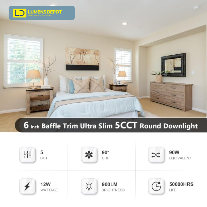 6-Inch Ultra-Slim LED Downlight, 5CCT, 12W, 900LM, Dimmable, Baffle Trim, ETL/Energy Star/T24 - Lumens Depot