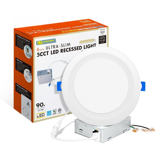 6-Inch Ultra-Slim LED Downlight, 5CCT, 12W, 900LM, Dimmable, Baffle Trim, ETL/Energy Star/T24 - Lumens Depot