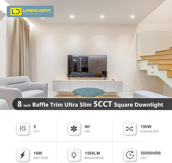 8-Inch 5CCT Square Ultra-Slim LED Downlight, 18W, 1500LM, Dimmable, Baffle Trim, ETL/Energy Star/T24 - Lumens Depot