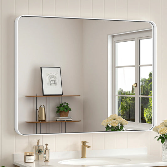 White Hard Corner Thin Frame Metal Mirror – Modern Rectangular Wall-Mounted Mirror with Shatterproof Copper-Free Glass - Lumens Depot