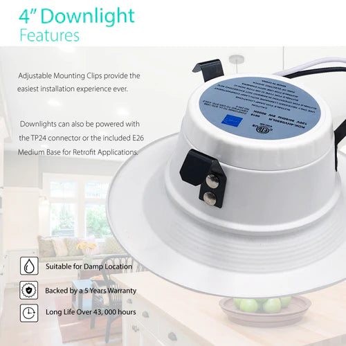 Recessed Downlight, 4 inches, 10W, Retrofit-E26 Base Type, 5 CCT 2700K-5000K– 750 Lumens - Lumens Depot