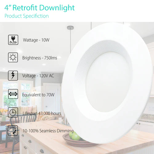 Recessed Downlight, 4 inches, 10W, Retrofit-E26 Base Type, 5 CCT 2700K-5000K– 750 Lumens - Lumens Depot