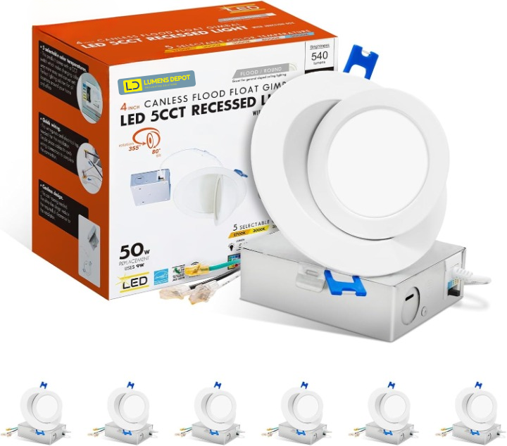 4-Inch Gimbal LED Downlight, 5CCT, 9W, 540LM, Rotatable, CRI 90+, ETL/Energy Star/T24 - Lumens Depot