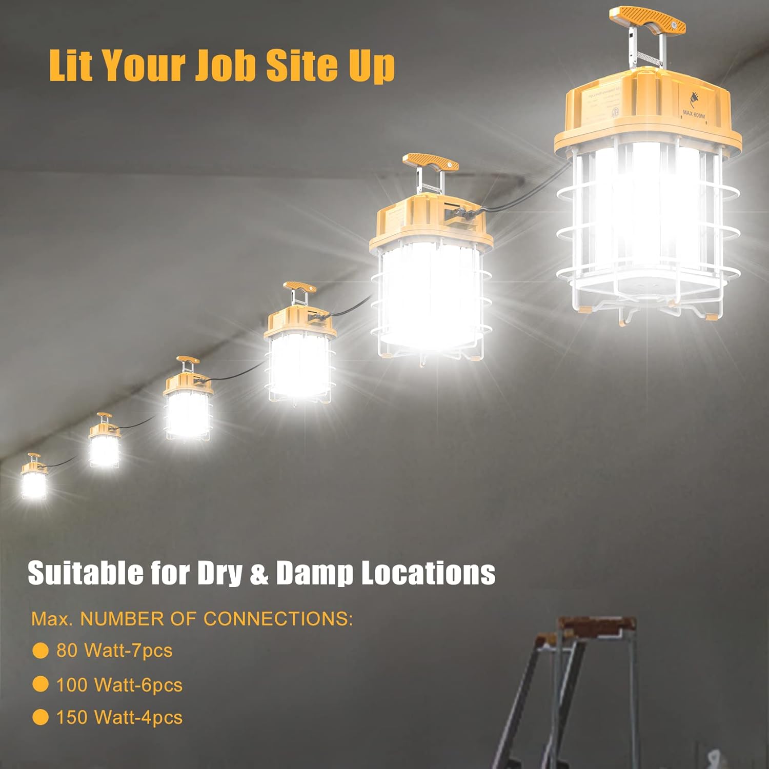 150W LED Square Work Light, Yellow US Plug, 5000K, 21,700 Lumens, Hanging Construction Light with 10ft Cord, Stainless Steel Guard and Hook - Lumens Depot