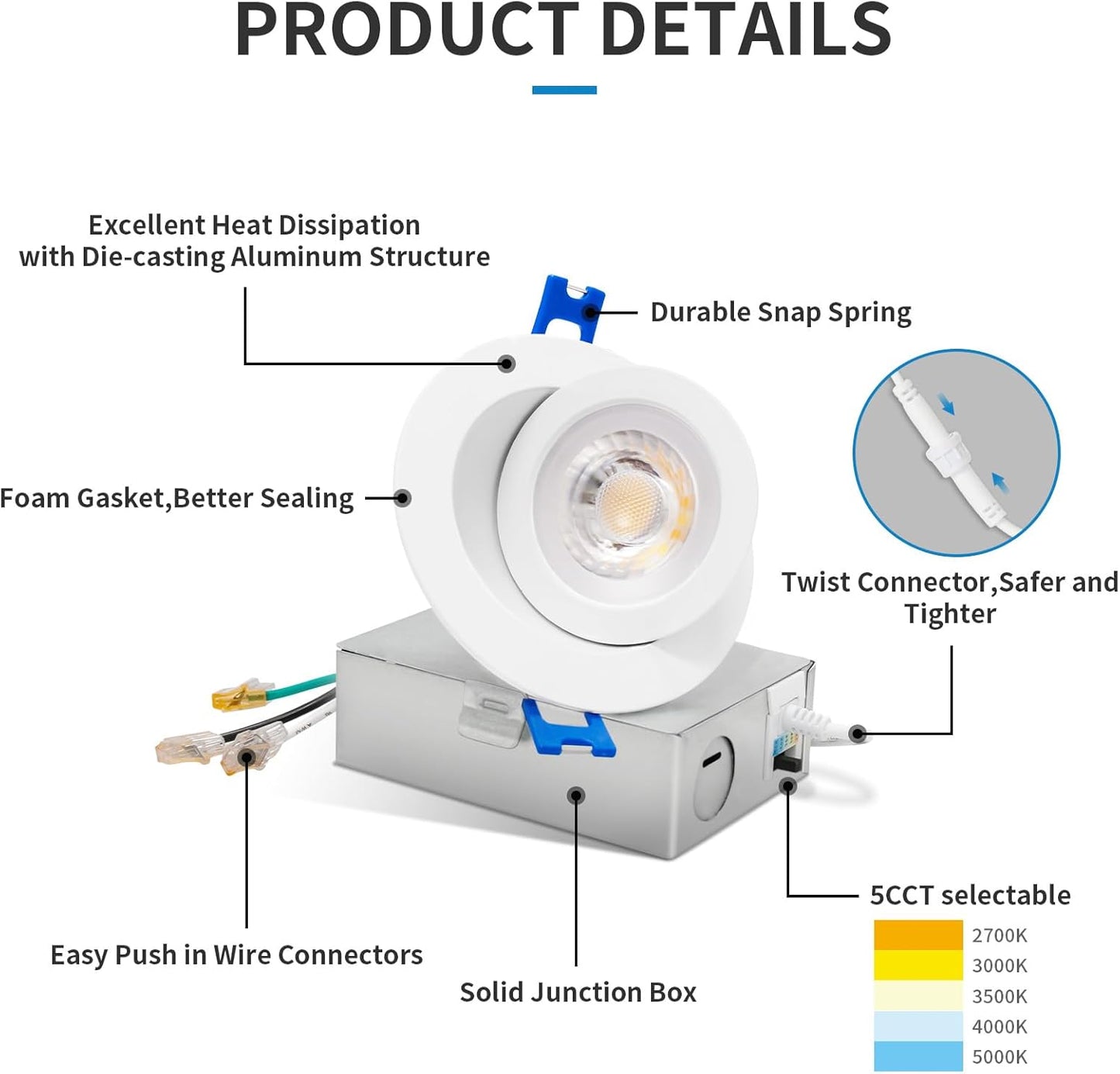 3-Inch Gimbal LED Recessed Downlight, 5CCT, 6W, 345LM, CRI 90+, ETL/Energy Star/T24 - Lumens Depot