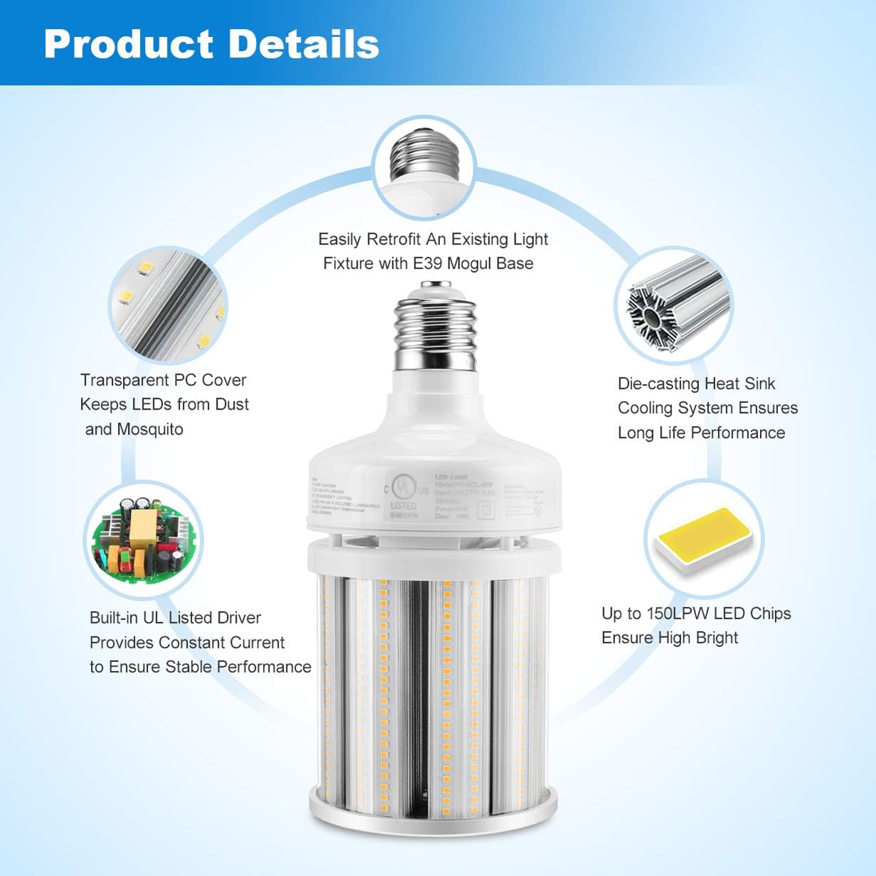 LED Corn Bulb, 80W, 175W HID Replacement, 11,300 Lumens, 5000K Daylight, E39 Base, 100-277 VAC - Lumens Depot