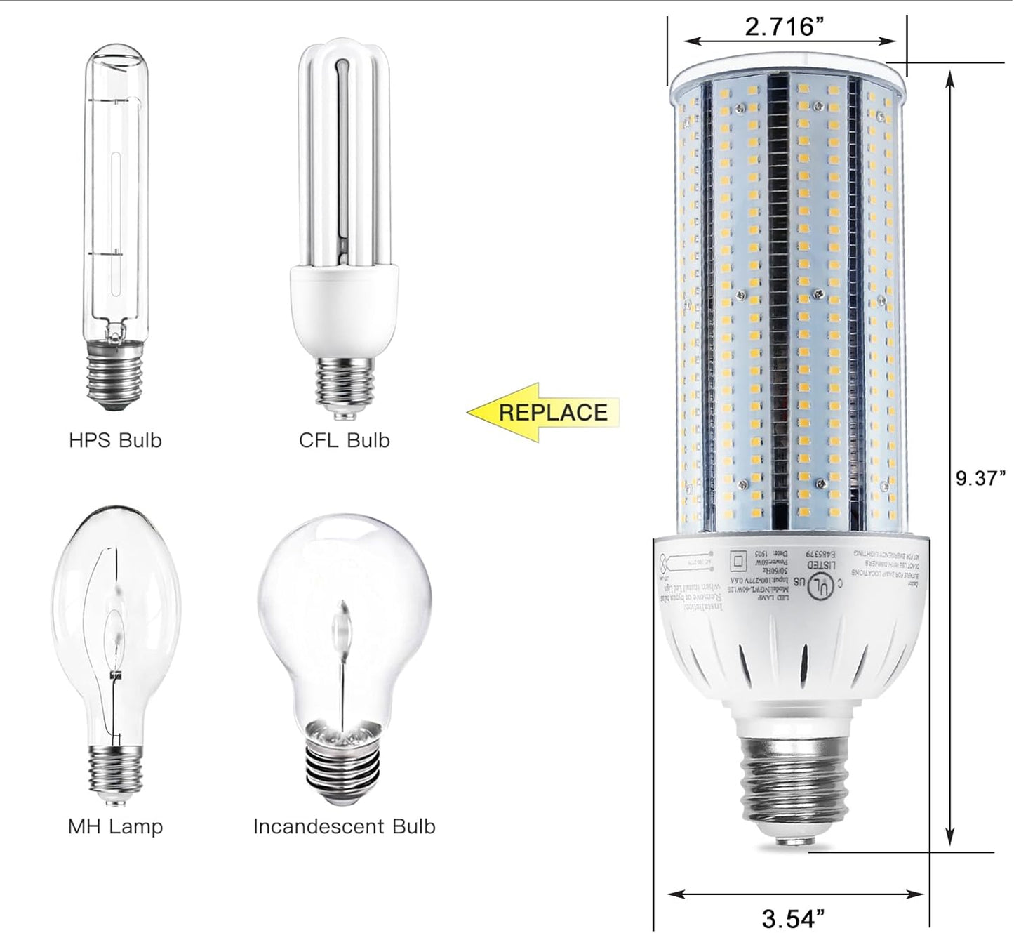 LED Corn Bulb, 60W, 8,100 lumens, 5000K Daylight, E39 Mogul Base, 277-480 VAC - Lumens Depot