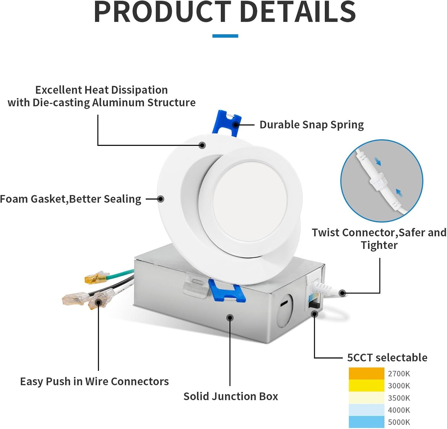 4-Inch Gimbal LED Downlight, 5CCT, 9W, 540LM, Rotatable, CRI 90+, ETL/Energy Star/T24 - Lumens Depot