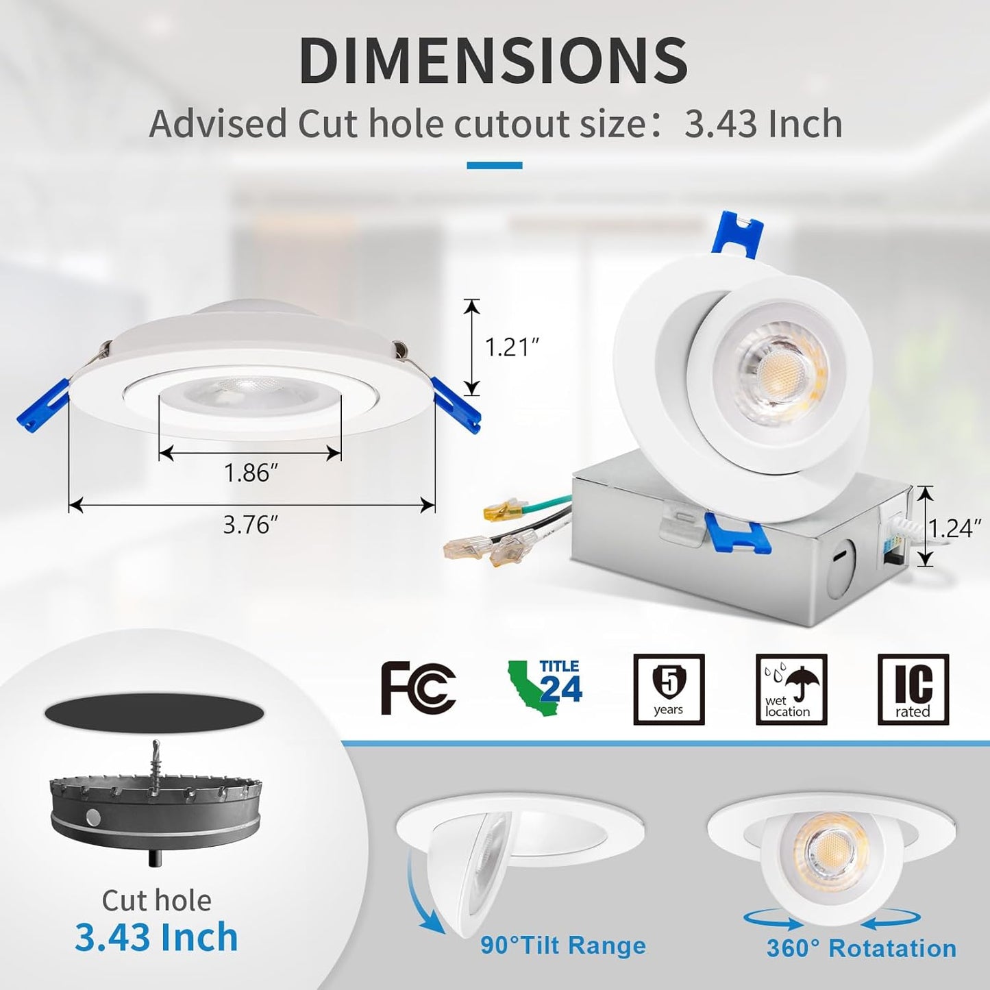 3-Inch Gimbal LED Recessed Downlight, 5CCT, 6W, 345LM, CRI 90+, ETL/Energy Star/T24 - Lumens Depot