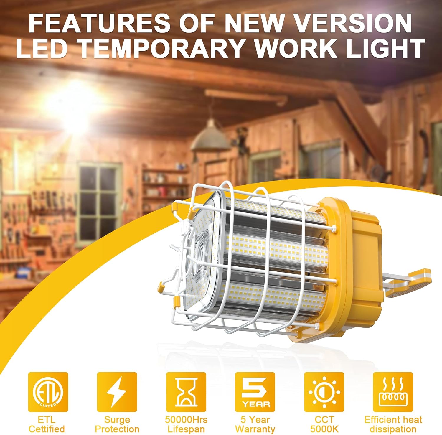 150W LED Square Work Light, Yellow US Plug, 5000K, 21,700 Lumens, Hanging Construction Light with 10ft Cord, Stainless Steel Guard and Hook - Lumens Depot