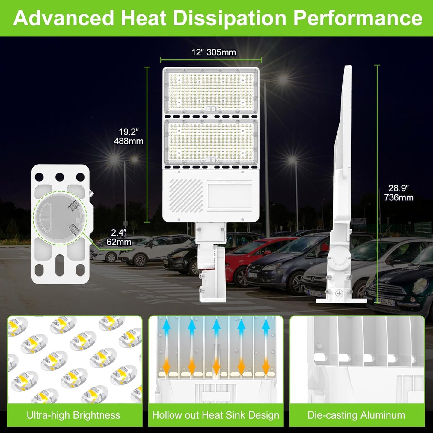LED Parking Lot Light 400W/320W/240W, 5000K, 100-277VAC, Built-in Photocell, 3-in-1 Arm, UL DLC Listed, Outdoor Area & Tennis Court Lighting - Lumens Depot