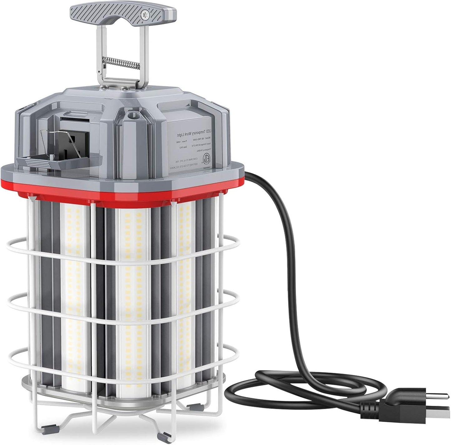 100W LED Square Temporary Work Light - Gray + Red - 14500 Lumens - 5000K - 10ft Cord - US Plug - Hanging Job Site Light with Hook - Lumens Depot