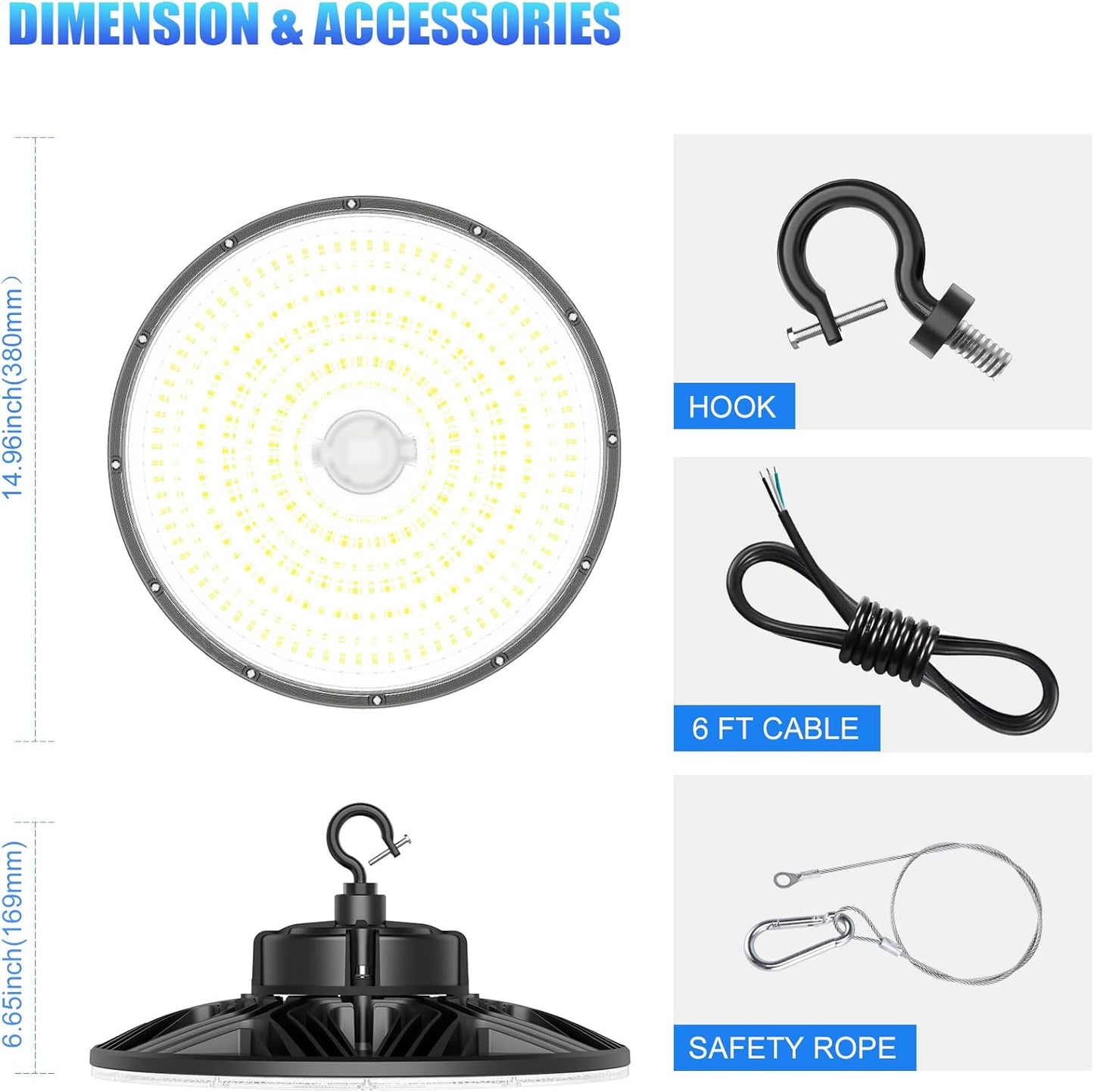 300W/240W/200W UFO LED High Bay Light, 5000K, UL & DLC Listed, 0-10V Dimmable, IP65, Commercial Warehouse Lighting Fixture, AC100-277V - Lumens Depot