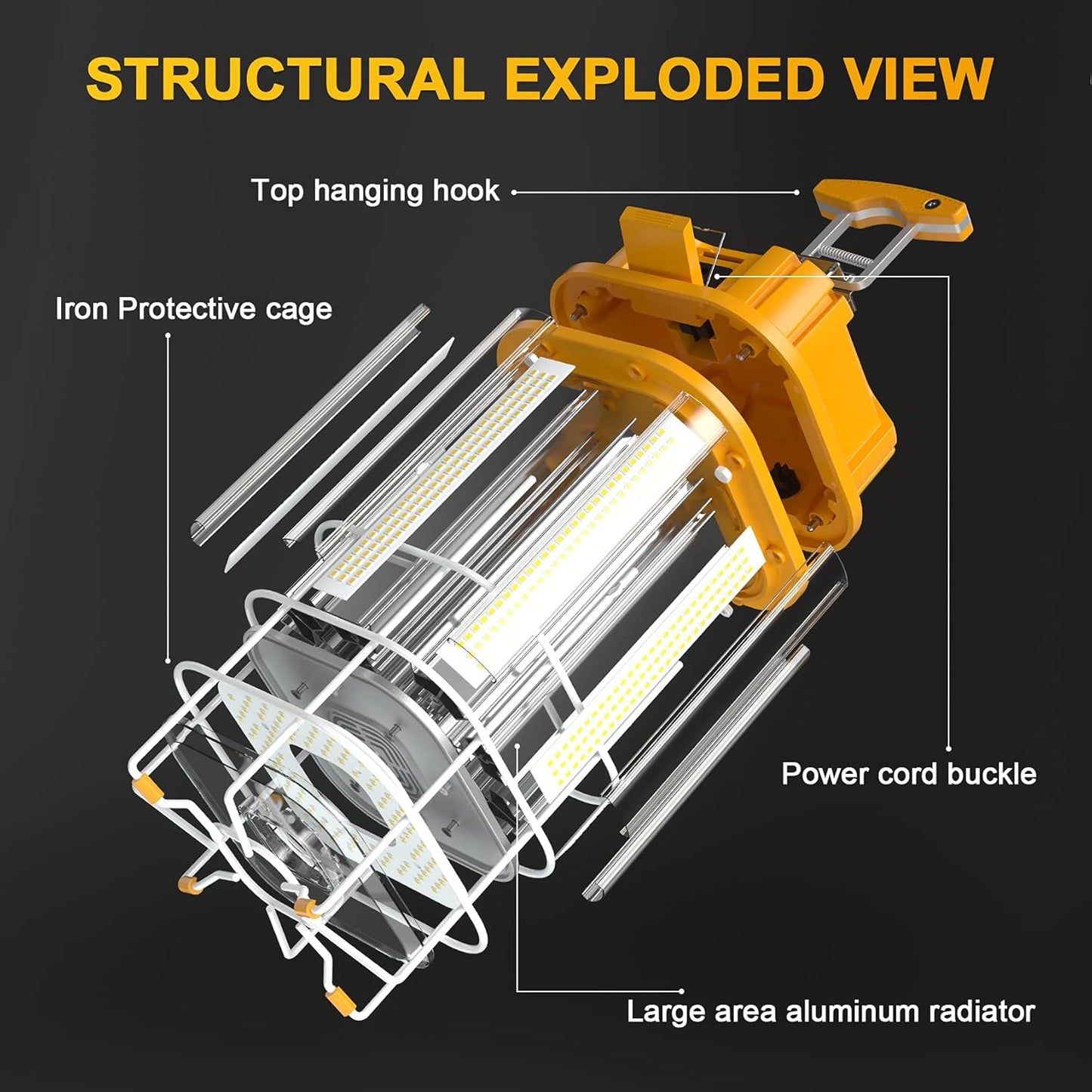 150W LED Square Work Light, Yellow US Plug, 5000K, 21,700 Lumens, Hanging Construction Light with 10ft Cord, Stainless Steel Guard and Hook - Lumens Depot