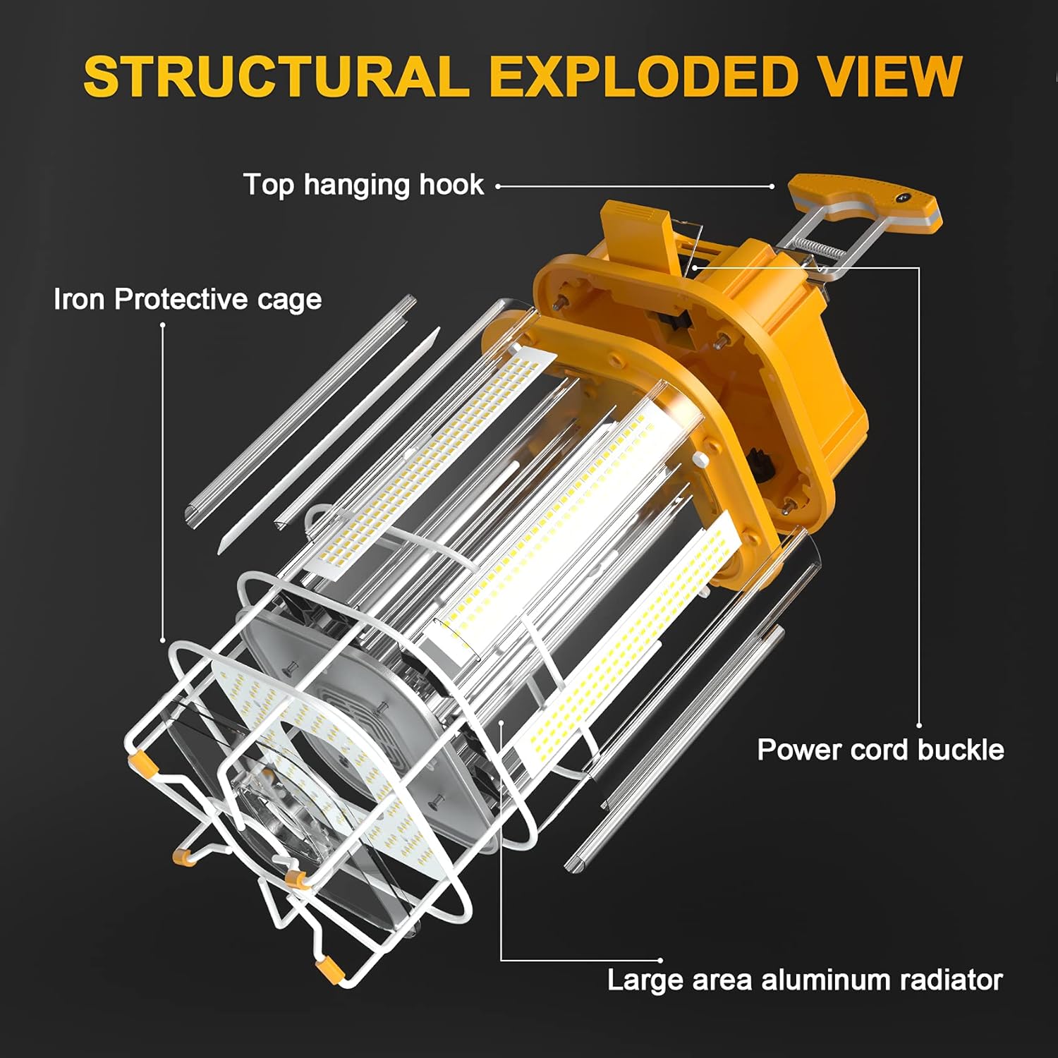 150W LED Square Work Light, Yellow US Plug, 5000K, 21,700 Lumens, Hanging Construction Light with 10ft Cord, Stainless Steel Guard and Hook - Lumens Depot