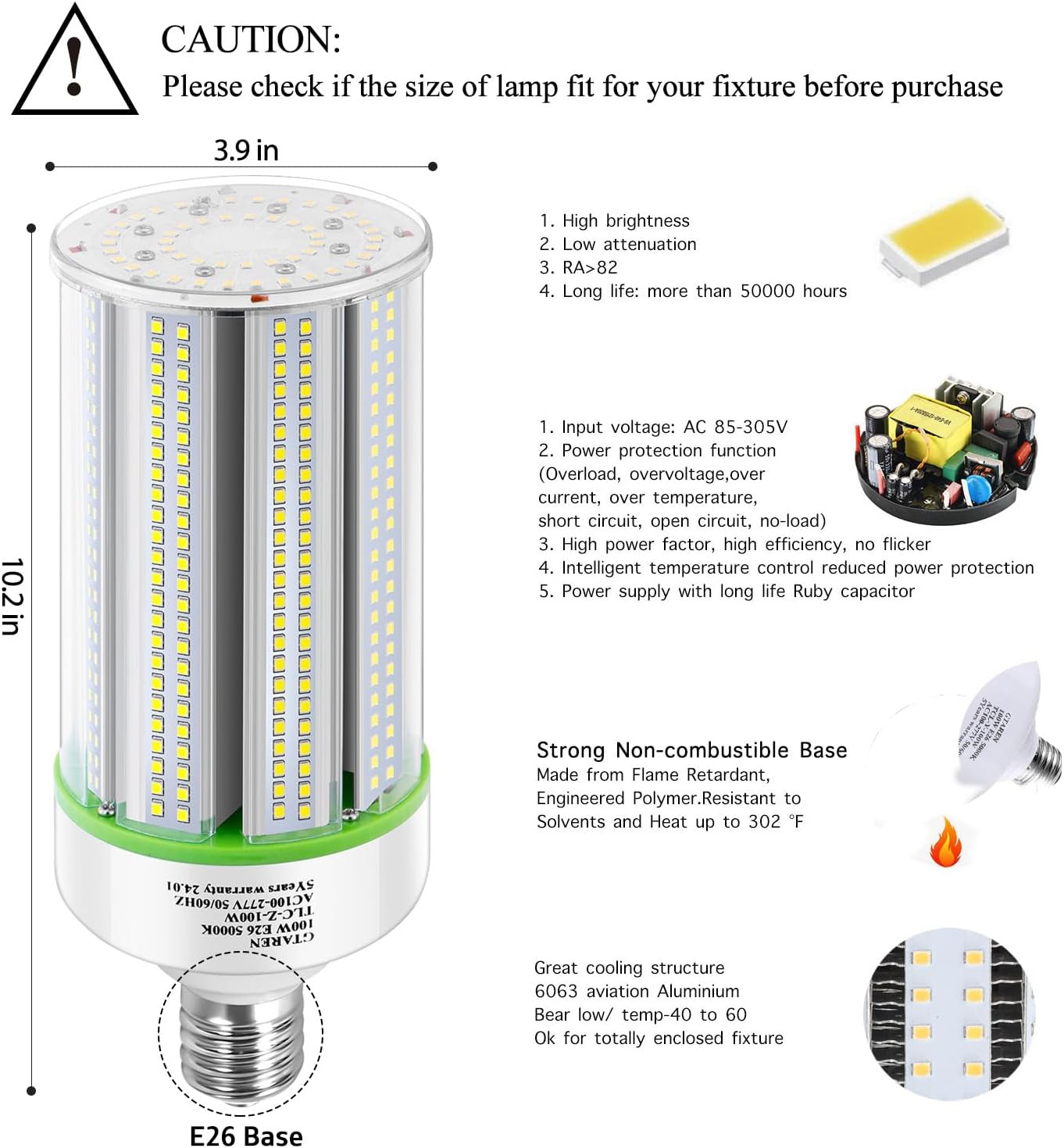80W LED Corn Light, 5000K Daylight, E26/E39 Base, 100-277V AC, 11,200LM, PC Cover, HID/CFL Replacement for Warehouse, High Bay, Garage & Workshop - Lumens Depot