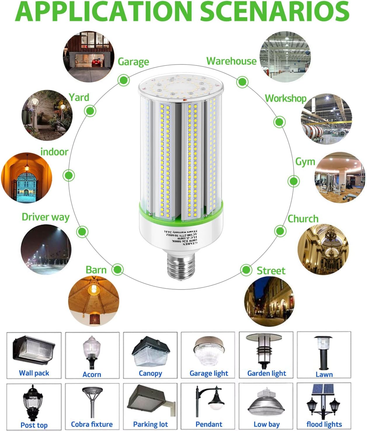 80W LED Corn Light, 5000K Daylight, E26/E39 Base, 100-277V AC, 11,200LM, PC Cover, HID/CFL Replacement for Warehouse, High Bay, Garage & Workshop - Lumens Depot
