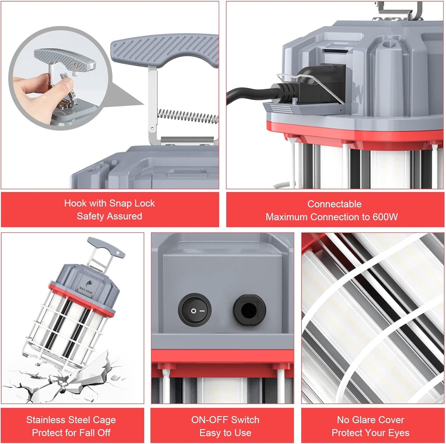 100W LED Square Temporary Work Light - Gray + Red - 14500 Lumens - 5000K - 10ft Cord - US Plug - Hanging Job Site Light with Hook - Lumens Depot