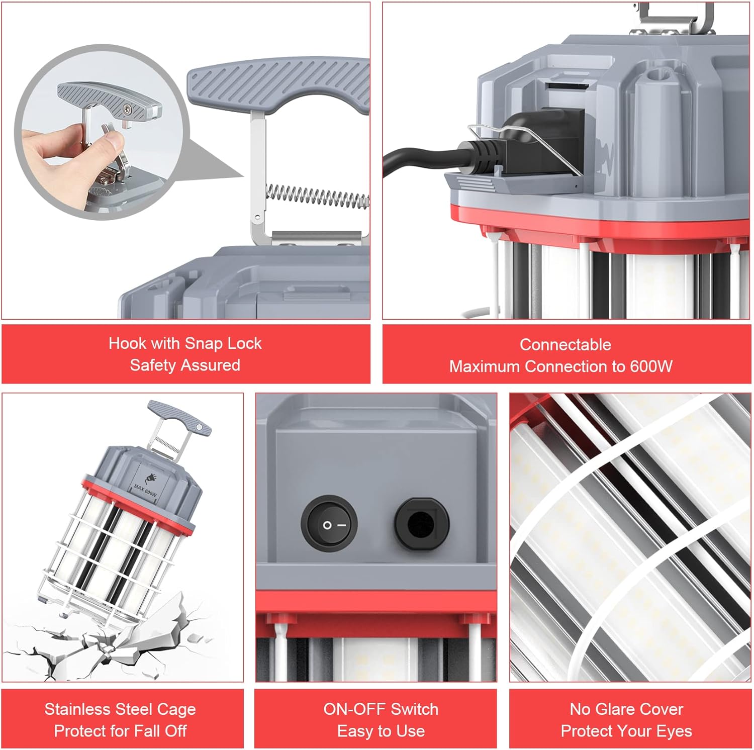 100W LED Square Temporary Work Light - Gray + Red - 14500 Lumens - 5000K - 10ft Cord - US Plug - Hanging Job Site Light with Hook - Lumens Depot