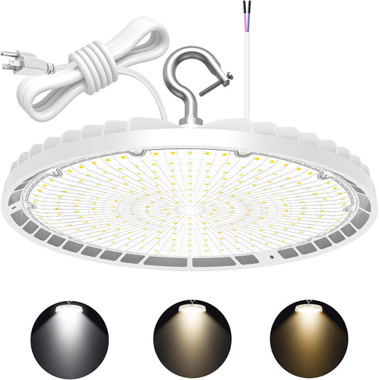 LED UFO High Bay Light: BI 240W/200W/150W, CCT Tunable 3000K/4000K/5000K, 100-277VAC, white, with US Plug - Lumens Depot