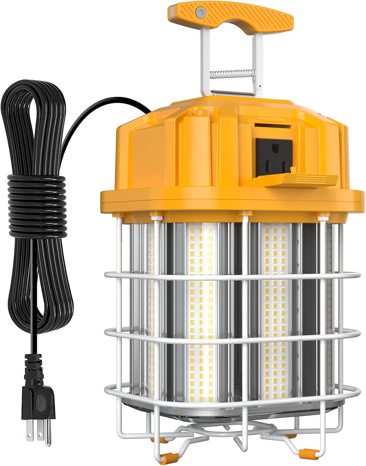 150W LED Square Work Light, Yellow US Plug, 5000K, 21,700 Lumens, Hanging Construction Light with 10ft Cord, Stainless Steel Guard and Hook - Lumens Depot