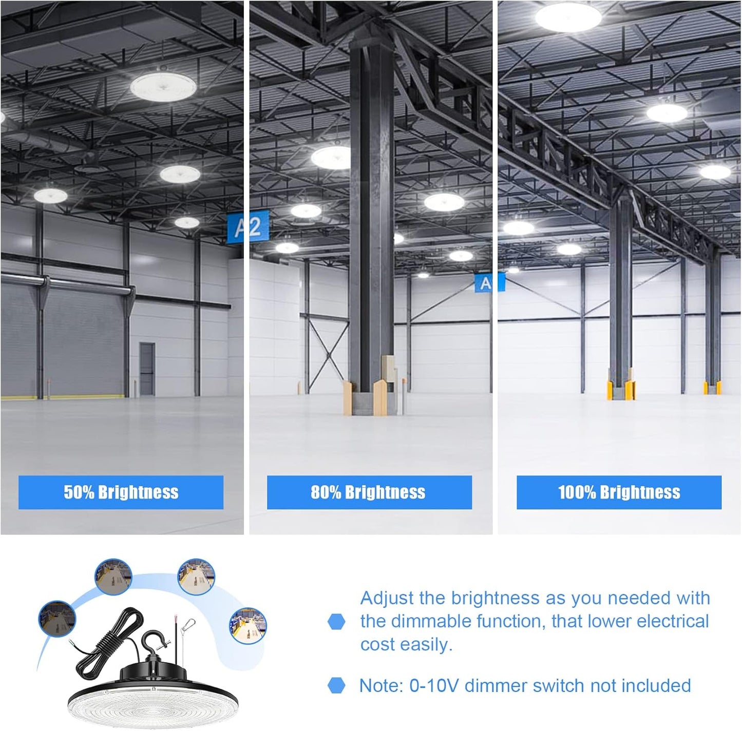 150W UFO LED High Bay Light, 22,500LM, Dimmable 0-10V, 5000K, IP65 Waterproof Warehouse Lighting Fixture - Lumens Depot