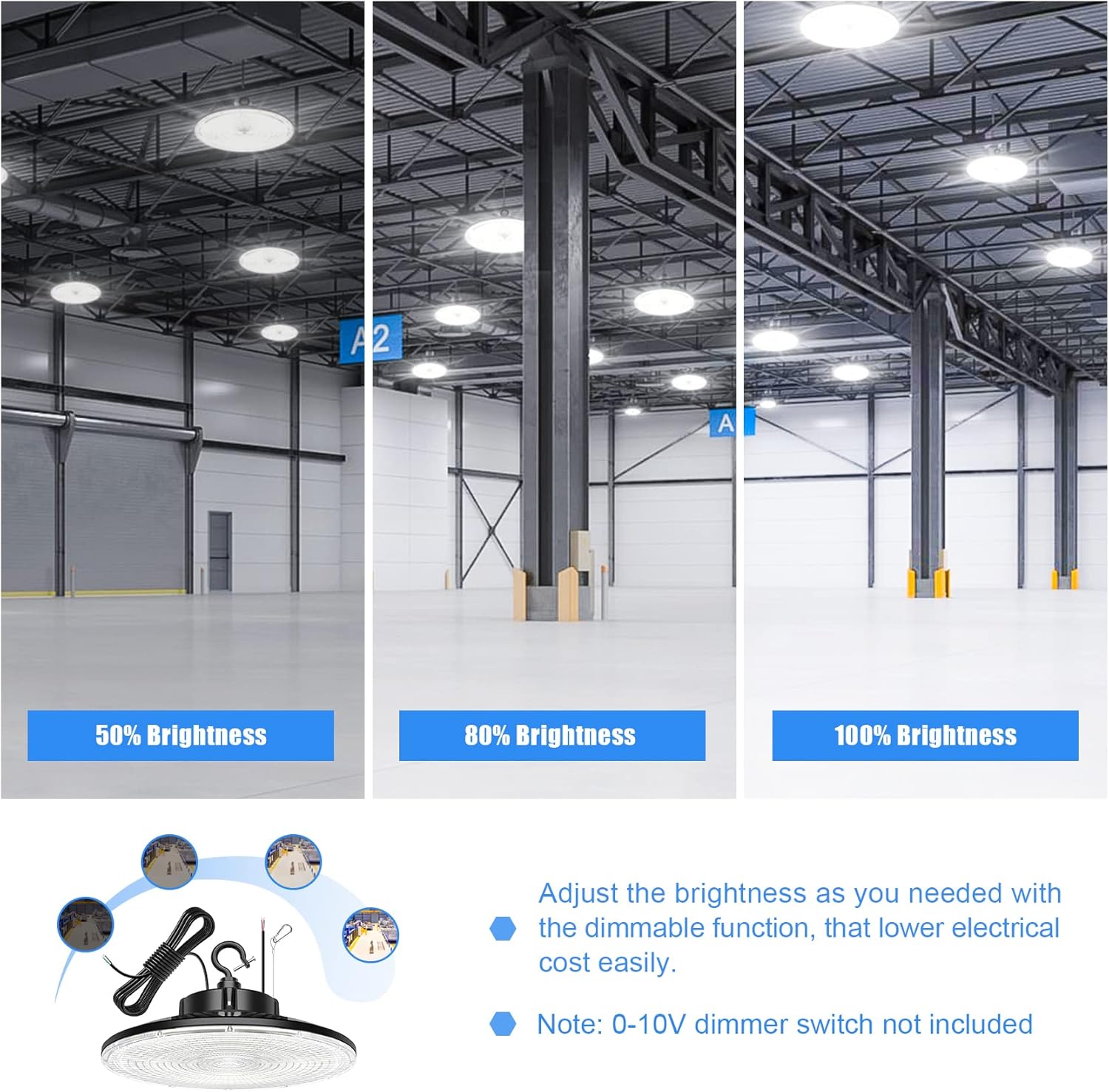 300W/240W/200W UFO LED High Bay Light, 5000K, UL & DLC Listed, 0-10V Dimmable, IP65, Commercial Warehouse Lighting Fixture, AC100-277V - Lumens Depot