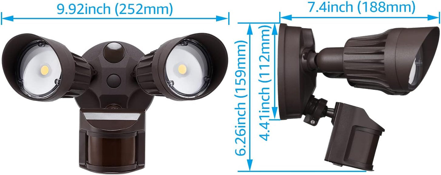 Bronze 20W Round Twin Heads Motion Sensor Security Light, 1400LM, 5000K - Lumens Depot