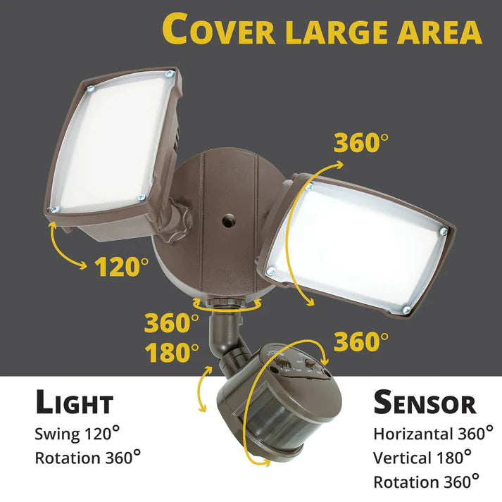 20W Square Twin Heads Motion Sensor Security Light - Bronze, 1400LM, 5000K - Lumens Depot