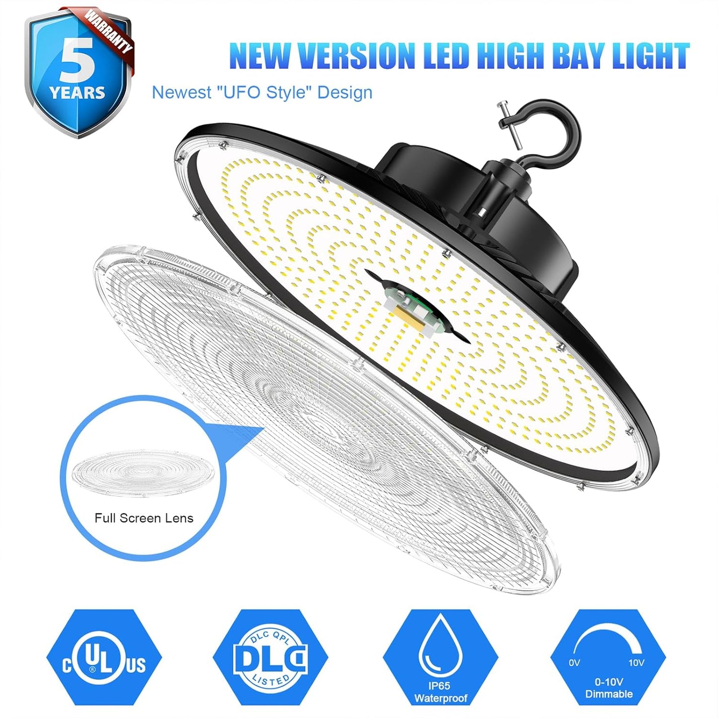 150W UFO LED High Bay Light, 22,500LM, Dimmable 0-10V, 5000K, IP65 Waterproof Warehouse Lighting Fixture - Lumens Depot