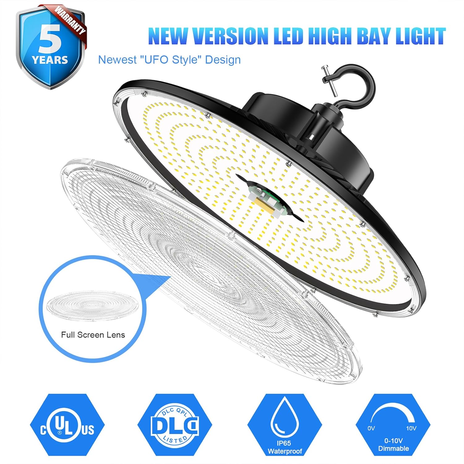 300W/240W/200W UFO LED High Bay Light, 5000K, UL & DLC Listed, 0-10V Dimmable, IP65, Commercial Warehouse Lighting Fixture, AC100-277V - Lumens Depot