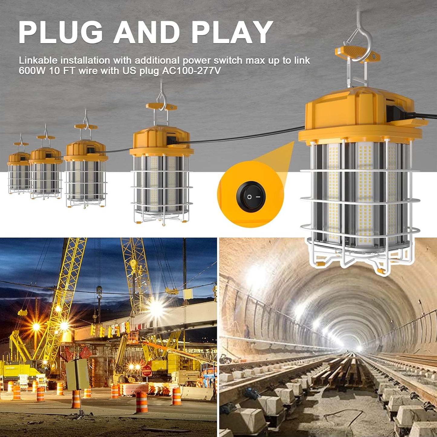 150W LED Square Work Light, Yellow US Plug, 5000K, 21,700 Lumens, Hanging Construction Light with 10ft Cord, Stainless Steel Guard and Hook - Lumens Depot