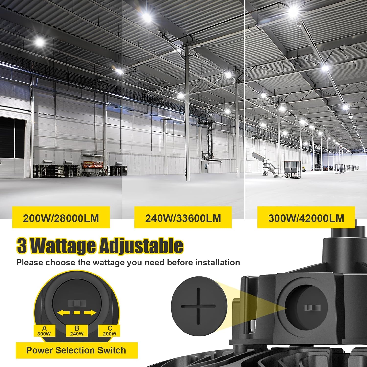 300W/240W/200W UFO LED High Bay Light, 5000K, UL & DLC Listed, 0-10V Dimmable, IP65, Commercial Warehouse Lighting Fixture, AC100-277V - Lumens Depot