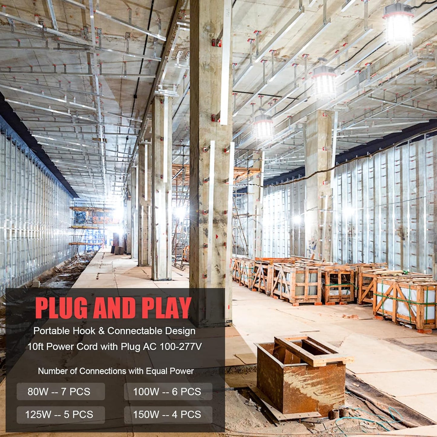 60W LED Square Work Light - Gray + Red - 5000K - 100-277VAC - US Plug - Linkable up to 600W - 8400 Lumens - Temporary Jobsite Lighting - Lumens Depot