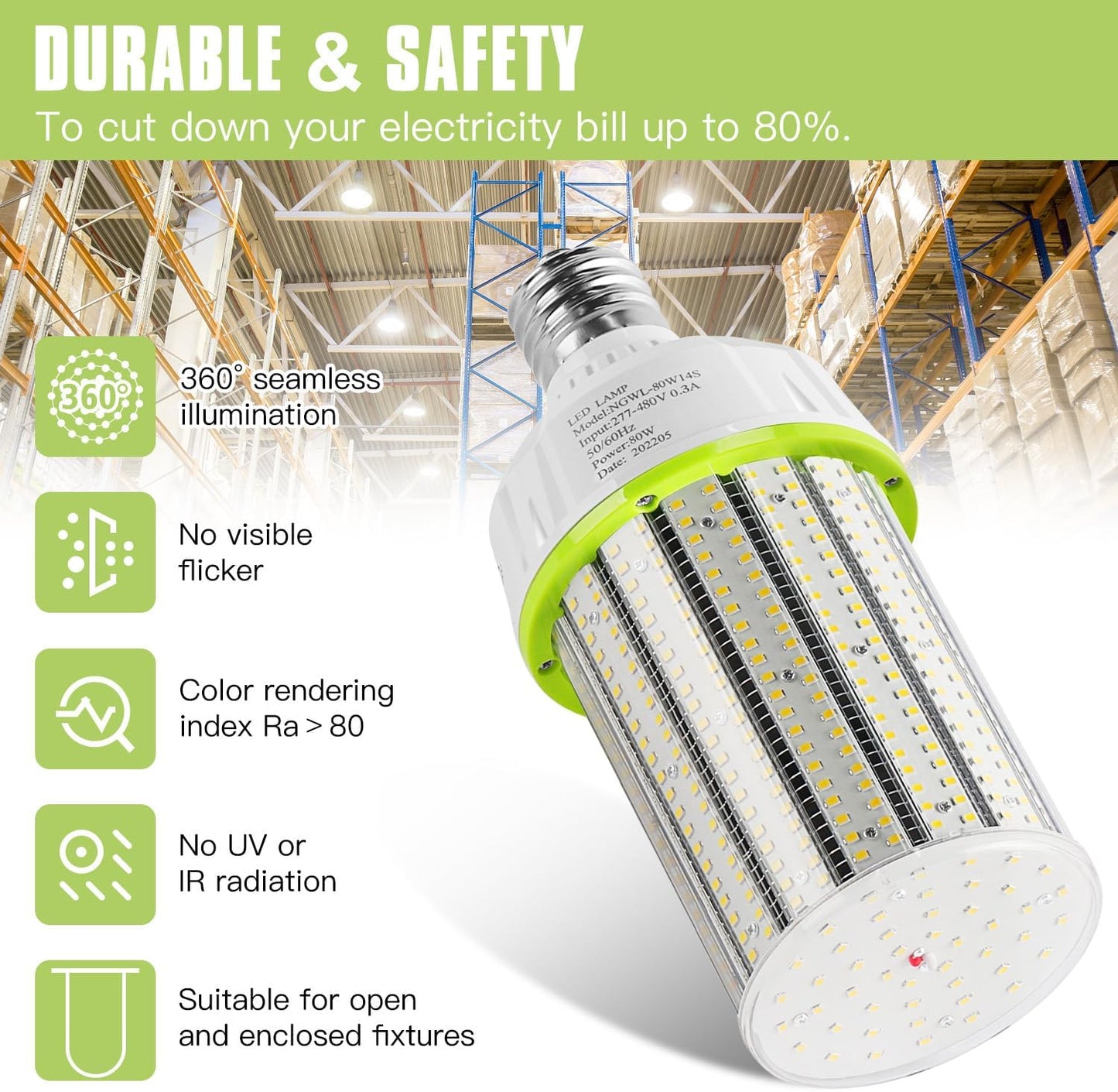 80W LED Corn Light Bulbs – 12000 Lumens, 5700K Cool White, E39/E40 Base with PC Cover – Ideal for Outdoor, Garage, Warehouse, Workshop, and Street Lighting (277-480VAC, IP65 Waterproof) - Lumens Depot