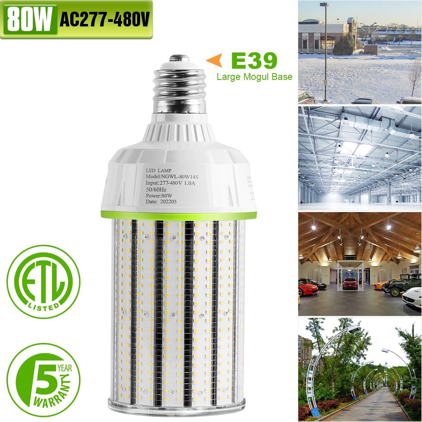 LED Corn Bulb, 100W, 15,000 lumens, 5000K, E39 Base, 277-480 VAC, 480 VAC HID Replacement - Lumens Depot
