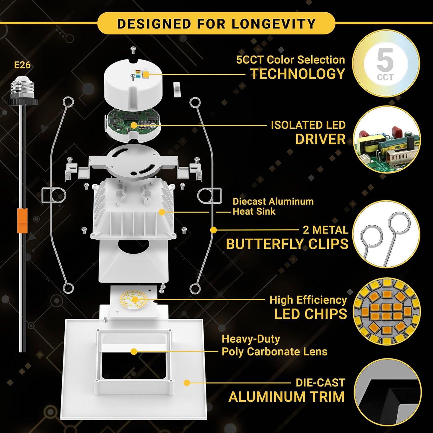 6-Inch Square LED Recessed Light, 5CCT (2700K-5000K), 1100 Lumens, 10W, Dimmable, Wet Rated, White Trim, ETL & Energy Star Certified - Lumens Depot