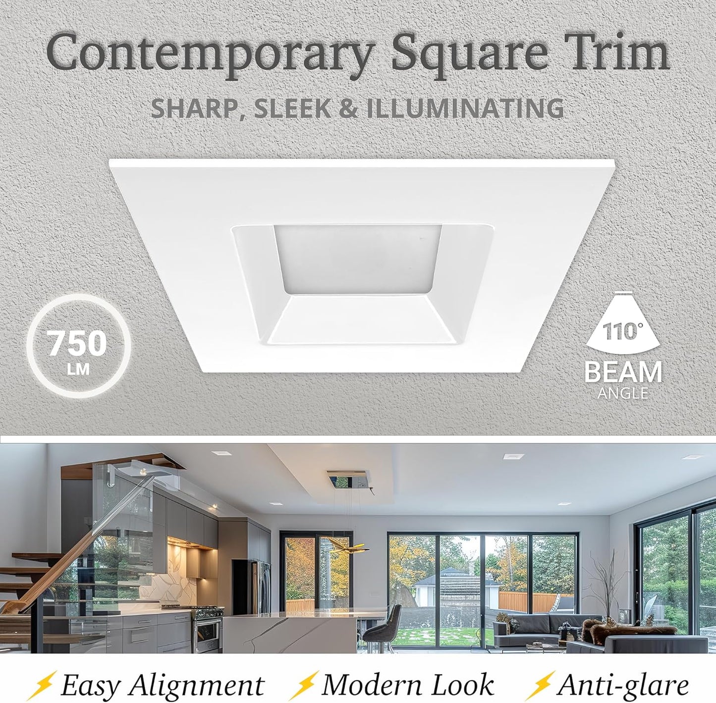 4-Inch Square LED Recessed Light, 5CCT Selectable (2700K-5000K), 750 Lumens, 11W, Dimmable, White Trim, Wet Rated, ETL, Energy Star, T24 Certified - Lumens Depot